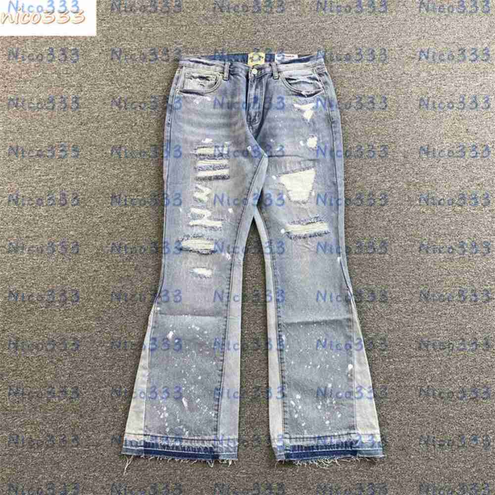GA Depts Front and back ripped holes, splashed ink washed retro trouser legs fritted edges loose versatile street casual straight flared jea