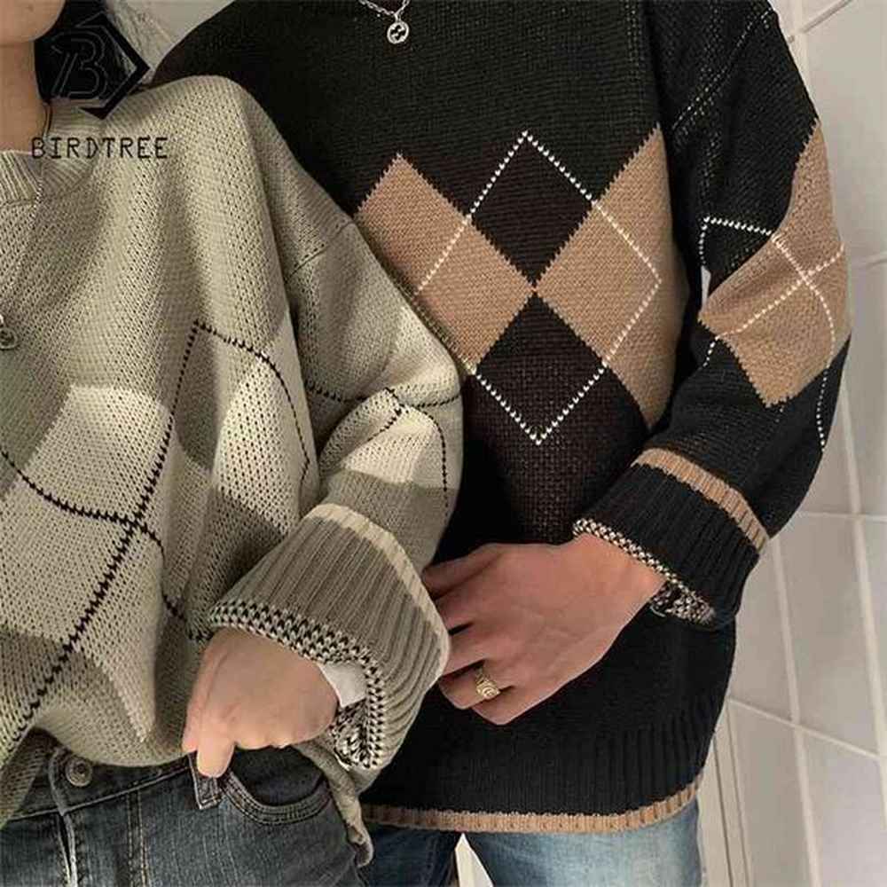 geometric pattern argyle pullovers spring autumn loose oversized oneck knitted