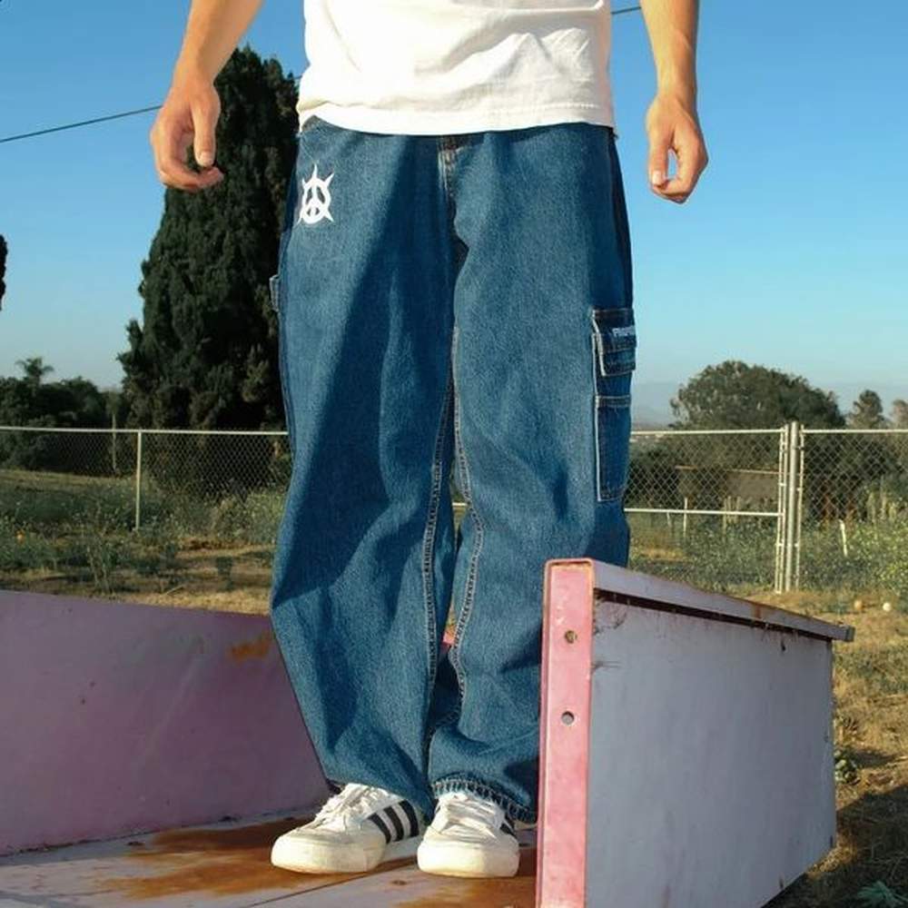 Geometric personality pattern letter embroidery oversized high-waisted jeans men clothing versatile hip-hop cargo pants 240802