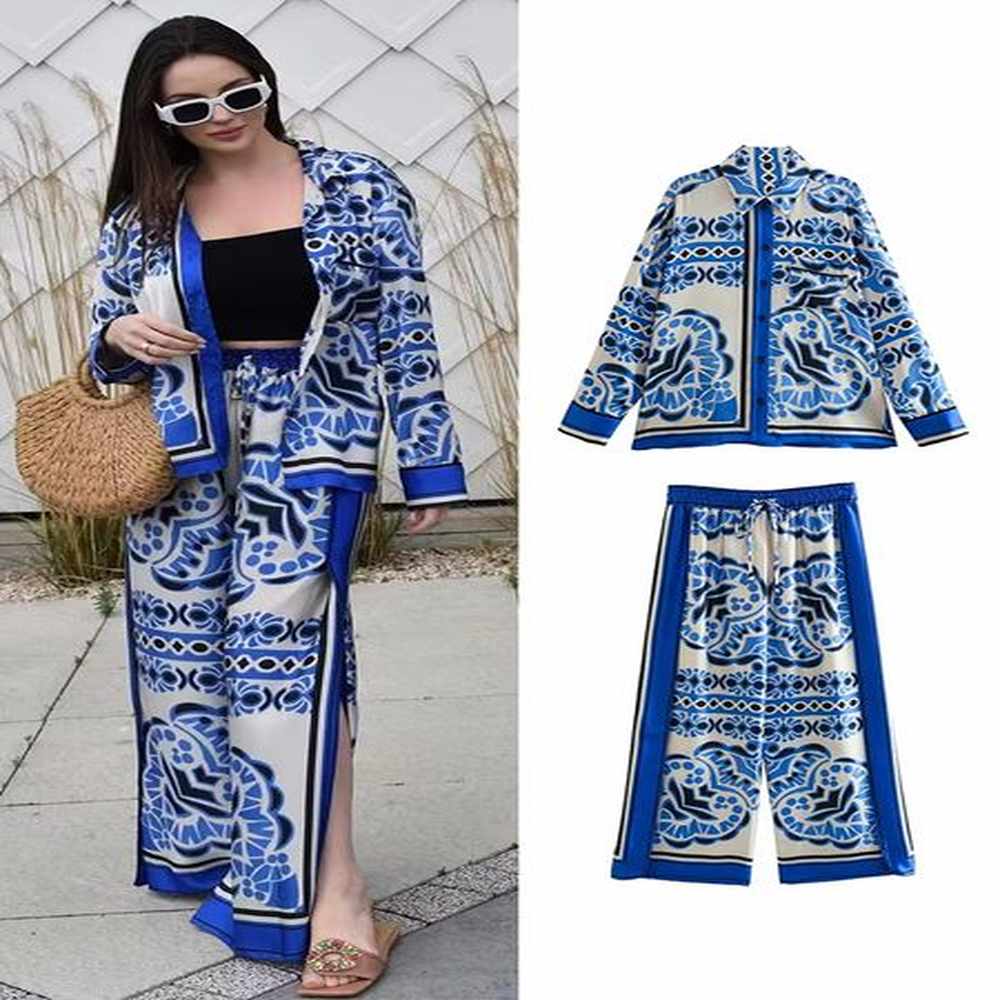 geometric print womens tracksuits loose long sleeve shirts wide