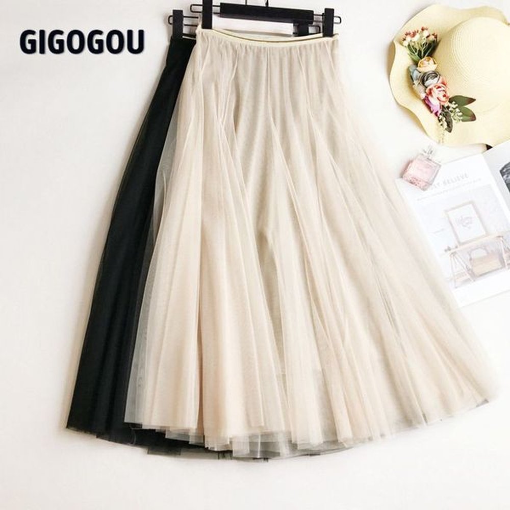gigogou summer mesh women pleated skirt solid high waist a
