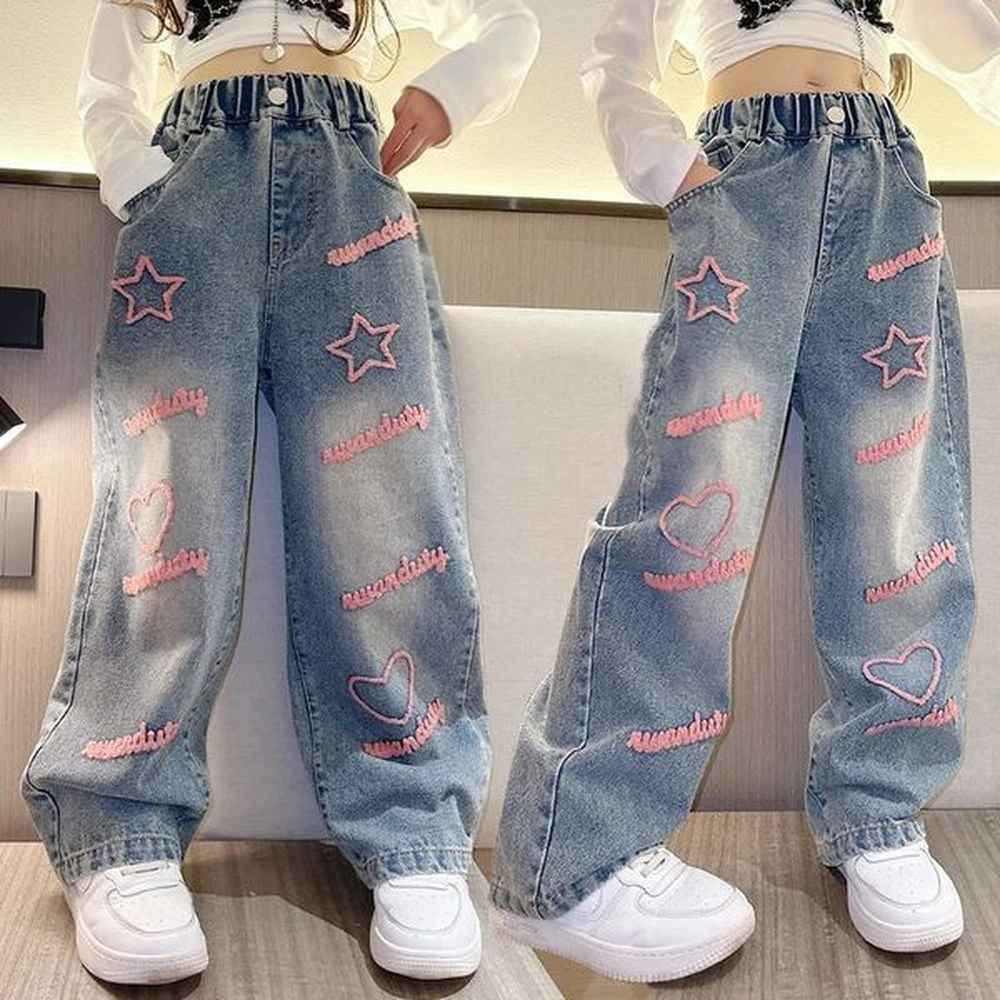 girls school wide leg pants with heart star design casual