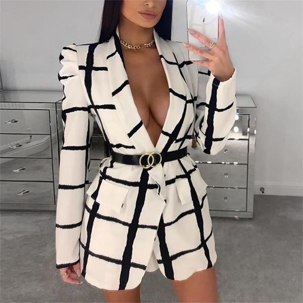 glamaker plaid deep v neck sexy blazer women autumn long