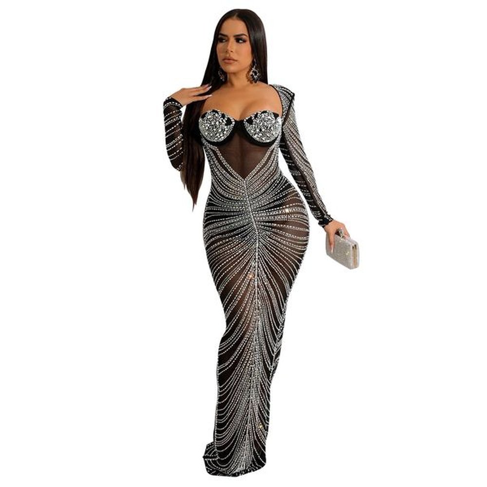 glitter mesh see through party maxi dress for women fashion