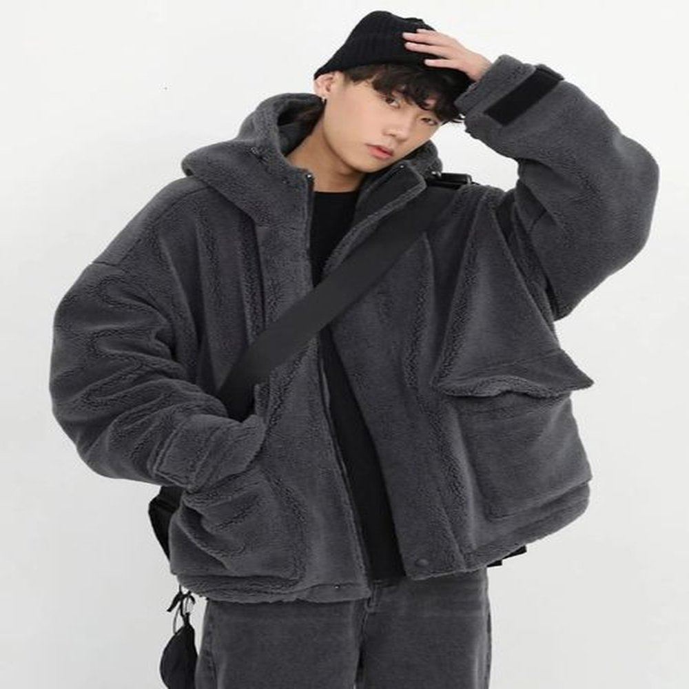 Gmiixder Winter Fur Coat Oversize Cashmere Mens Zipper Up Dark Gray Unisex Hip Hop Hooded Plush Padded Jacket 250110