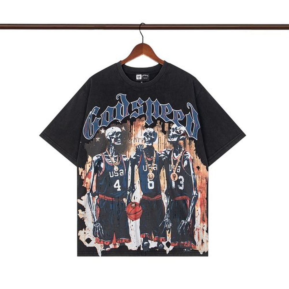 Godspeed Rock Street Print tee Mens T-shirt Distressed Black Wash Cotton Print Short Sleeve Tee T-Shirt Tops S-XL
