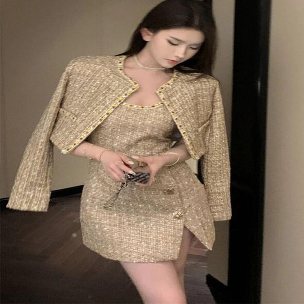 gold tweed piece suit jacket for women autumn winter