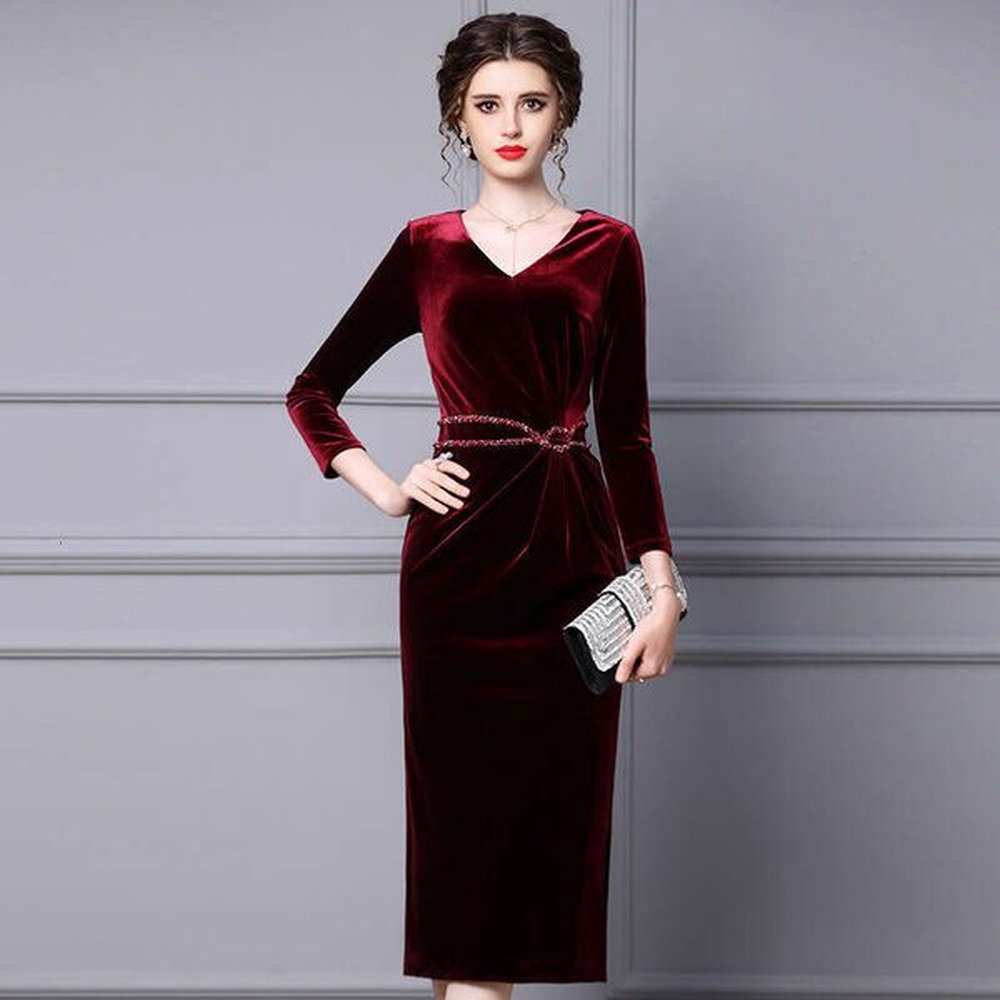 golden velvet dress autumn new collection long sleeve vneck