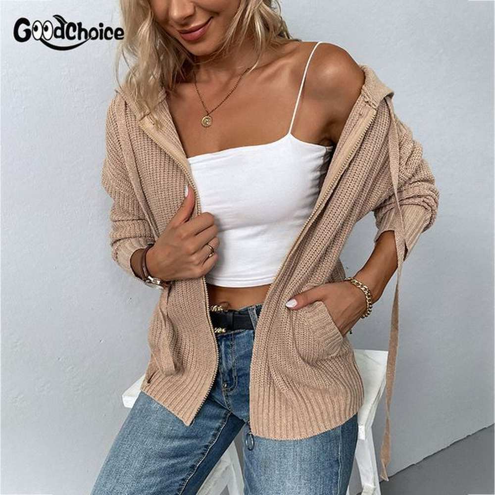 goodchoice solid color hooded zipper knitwear autumnwinter new drawstring pocket