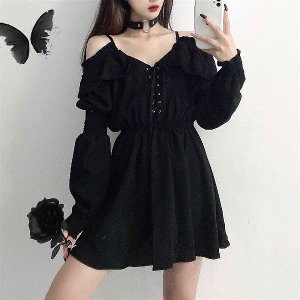 gothic black dress women casual button lace evening party sexy