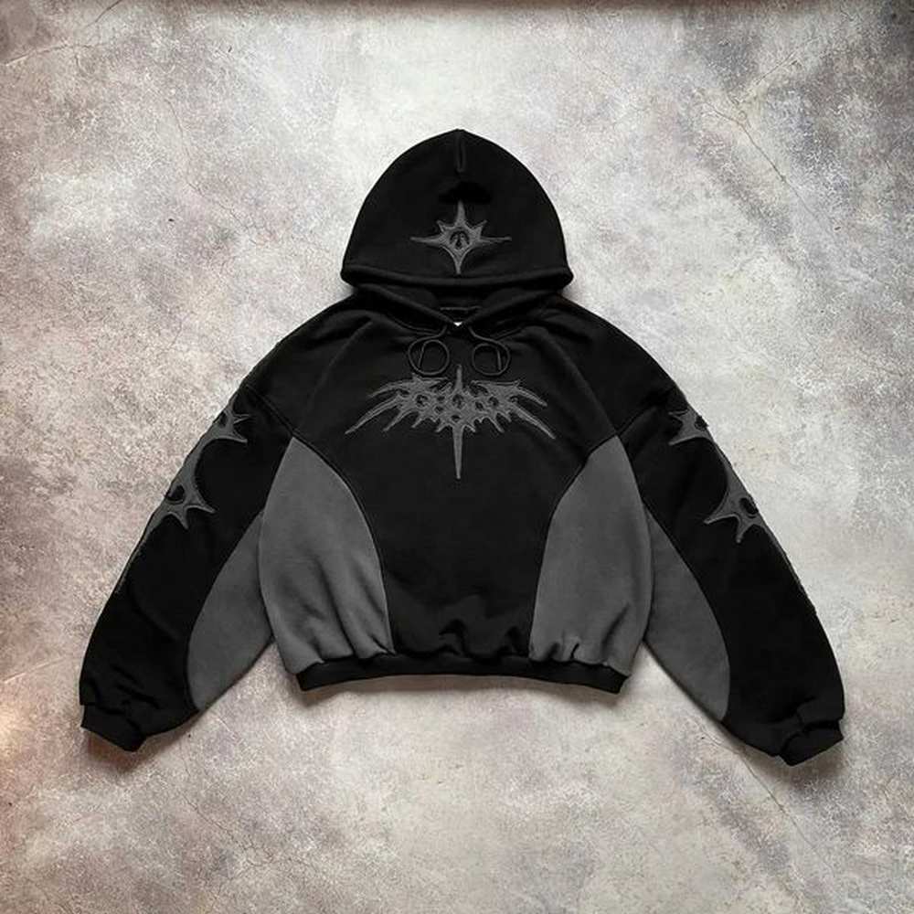 Gothic clothing retro embroidery pattern black and gray stitching super large hooded sweatshirt for women Y2K Shin Harajuku hip-hop sportswe