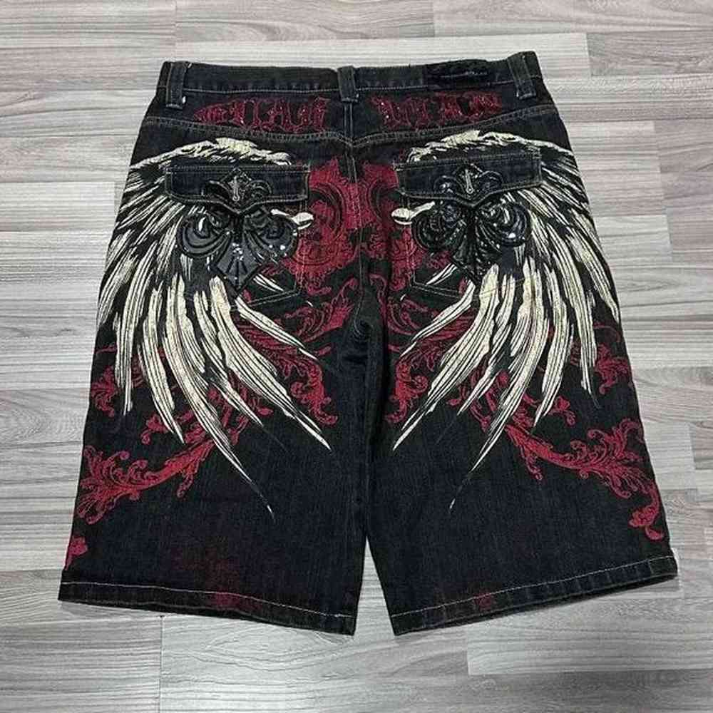 Gothic hip-hop wings oversized pattern printed baggy denim shorts for men 2000s summer new fashion high street popular y2k pantsX240914