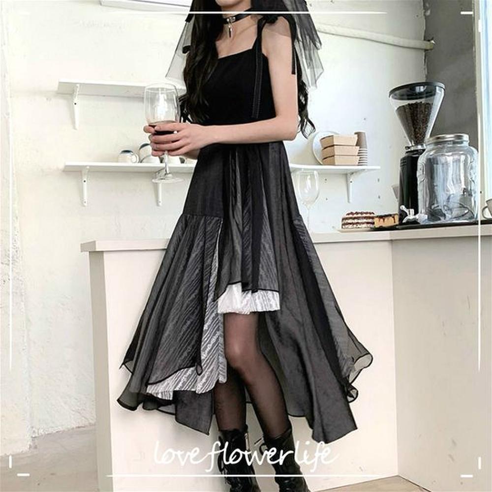 gothic midi dress women lace black irregular yk dress square