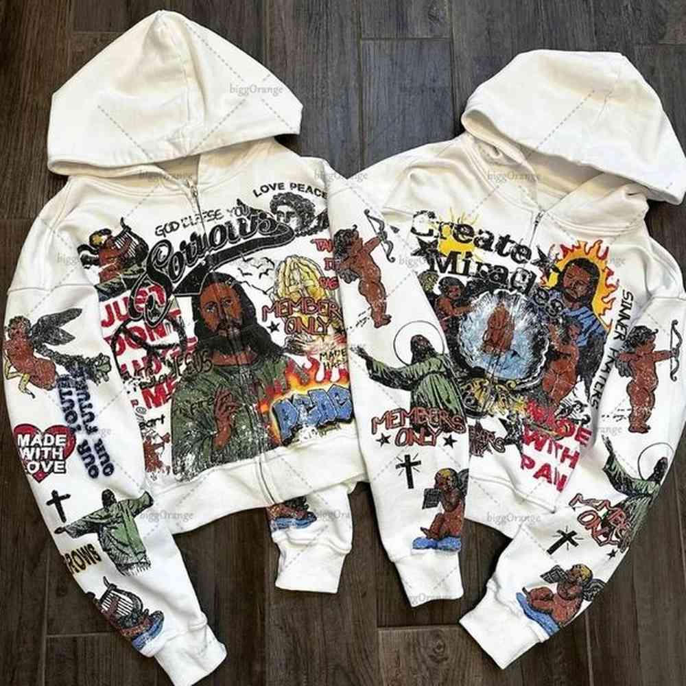 Gothic punk style graphic zipper sweatshirt Harajuku retro street cross print oversized sweatshirt mens fashion loose jacket 240918