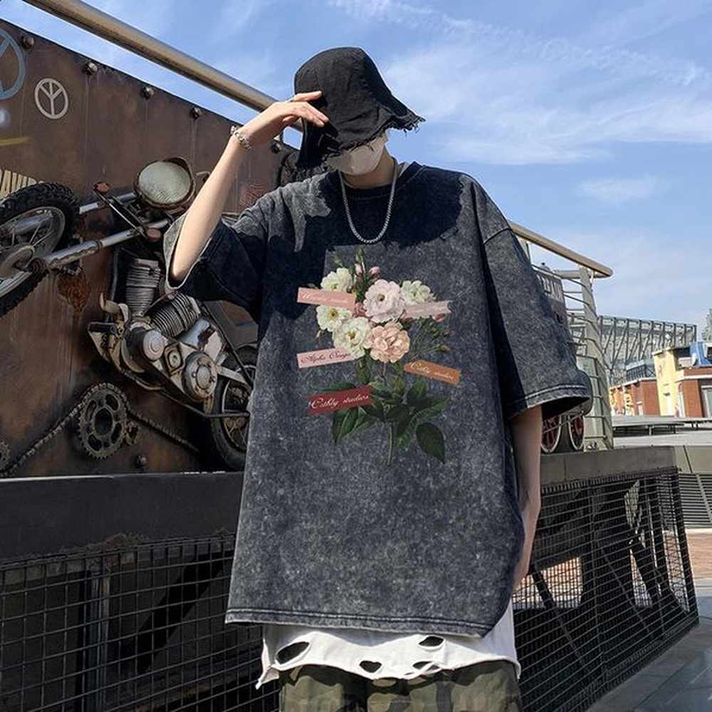 Gothic Street Wear Washed T-shirt Vintage Floral Printing Tshirt Summer O-neck Short Sleeve Tee Tops Y2k Unisex T Shirt 240819