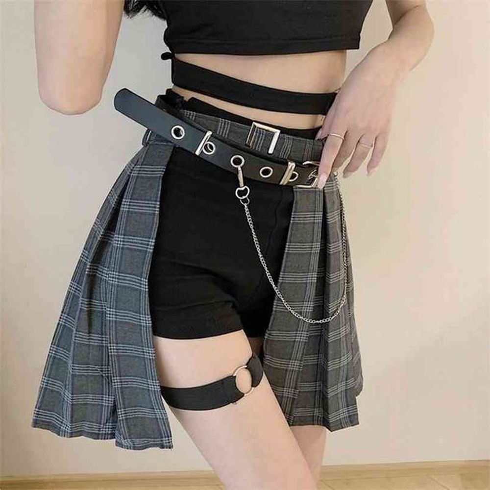 gothic style plaid irregular skirts women asymmetrical high waist pleated