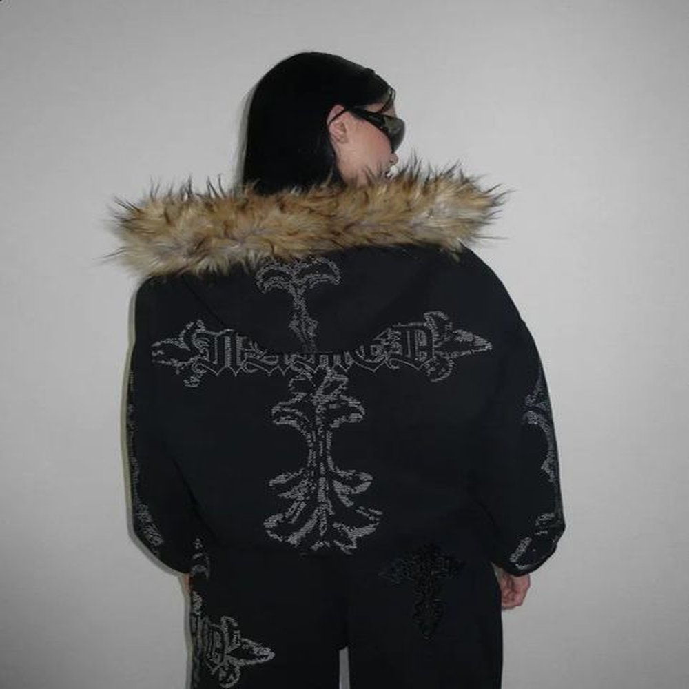 Gothic trend black fur collar letter printed zipper hoodie hip hop retro unique y2k style casual warm loose couple coat 241227
