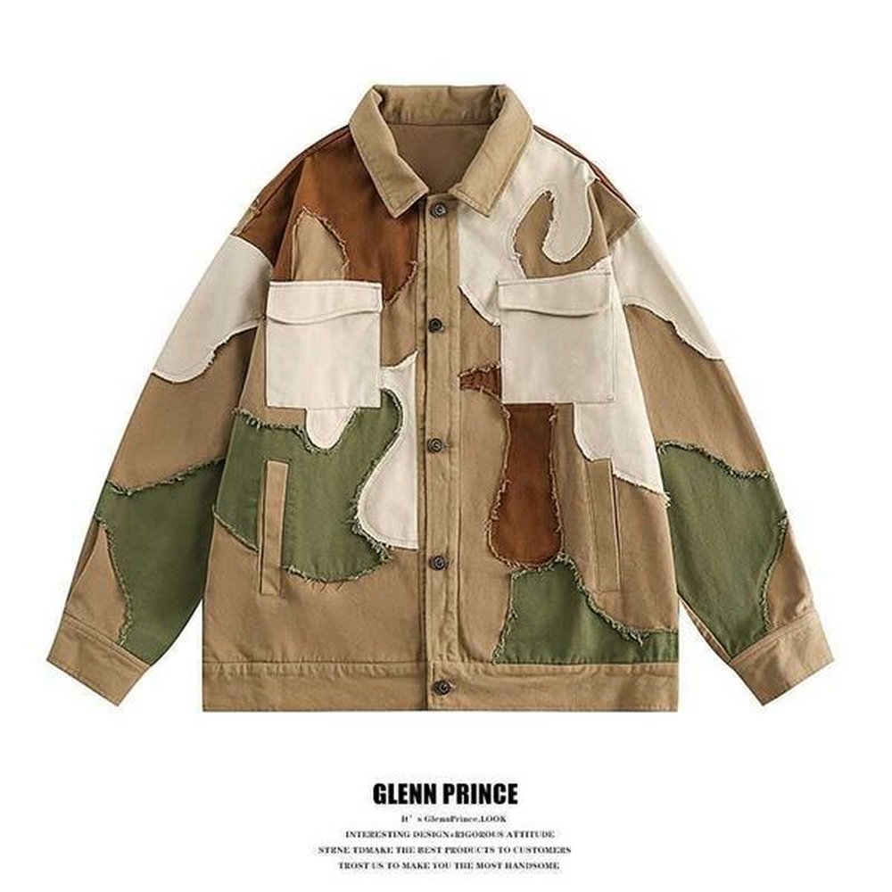 GPstudio American Camo Irregular Splicing Hairy Washed Denim Jacket Mens Autumn High Street Jacket