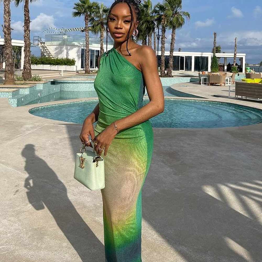 gradient color long dress spring women sleeveless one shoulder
