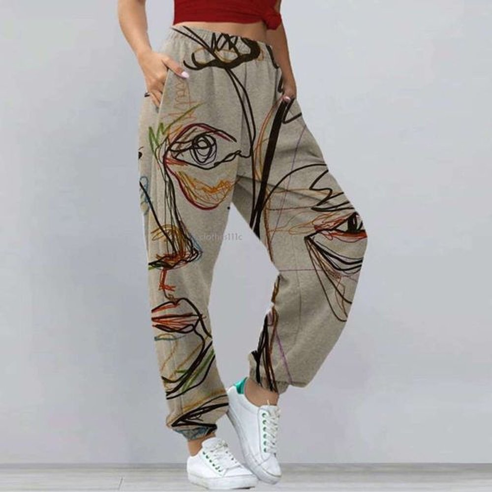 graffiti face art print harem casual high waist elastic long