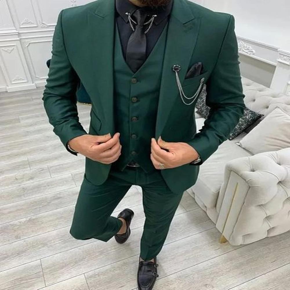 2024 Green Lapel Slim Fit Men Suits 3 Pieces Tuxedos Terno Masculino Blazer Sets Groom Wedding Prom Costume Homme 250115