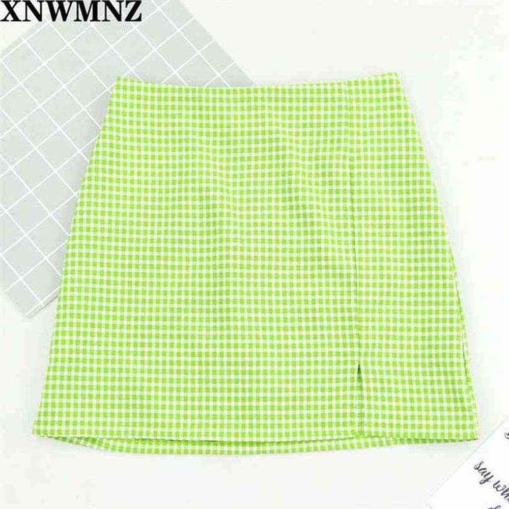 green plaid side slit bodycon mini skirt women bottoms summer