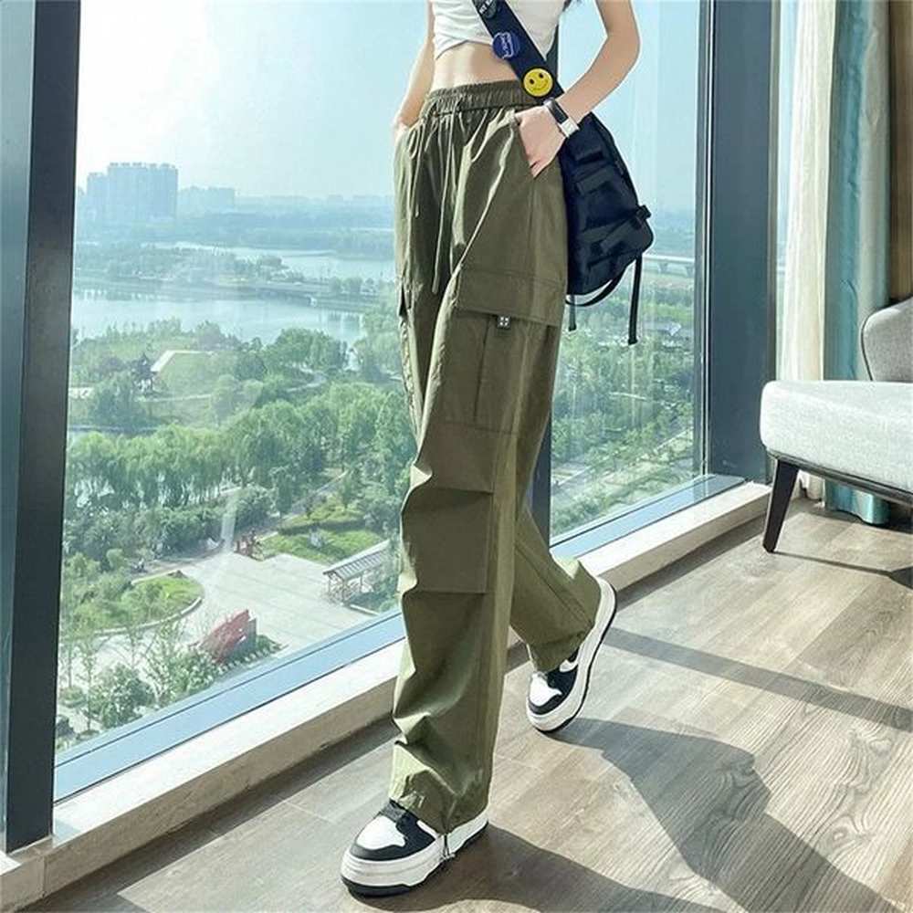 green women tech pants drawstring black low waist wide leg