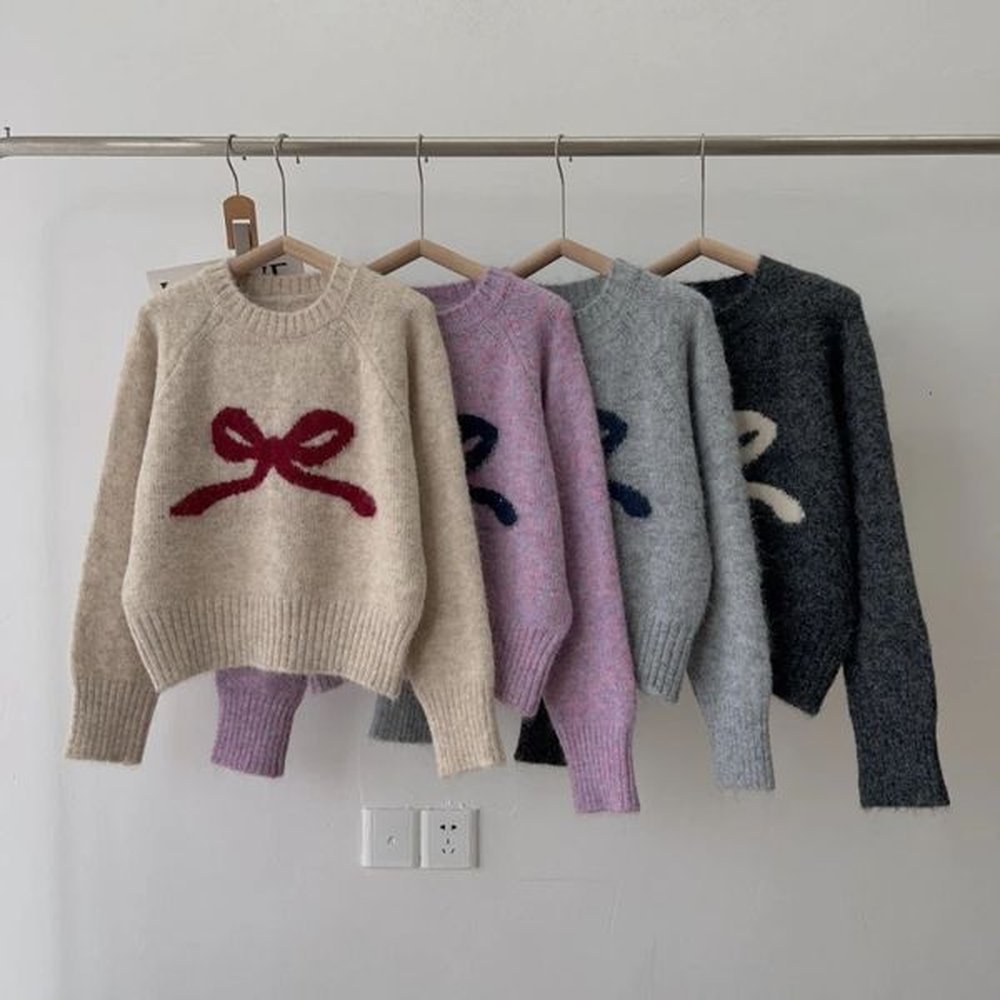 grey bow round neck internal pull sweater for women in