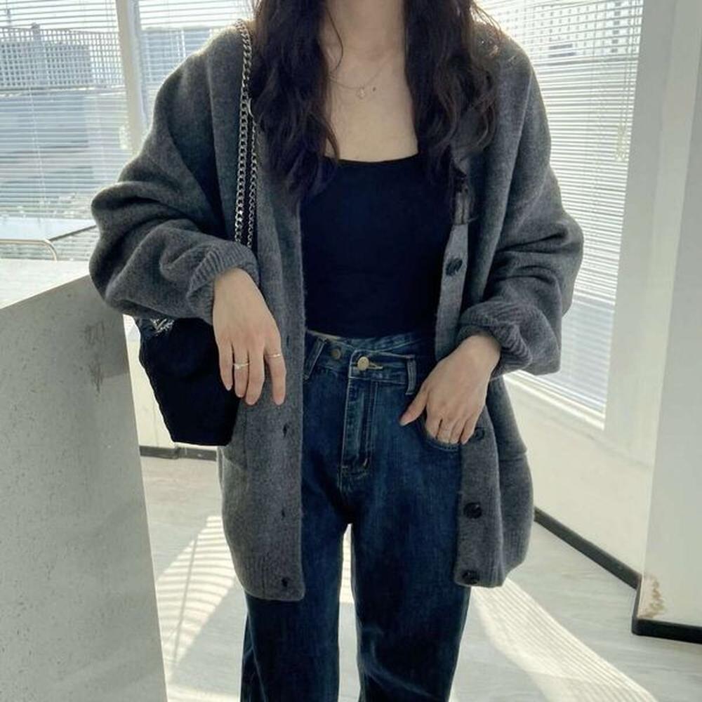grey loose lazy sweater jacket for women autumn and