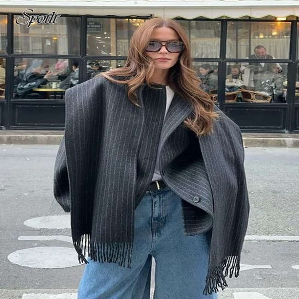 grey striped scarf collar suit jacket for women loose woolen