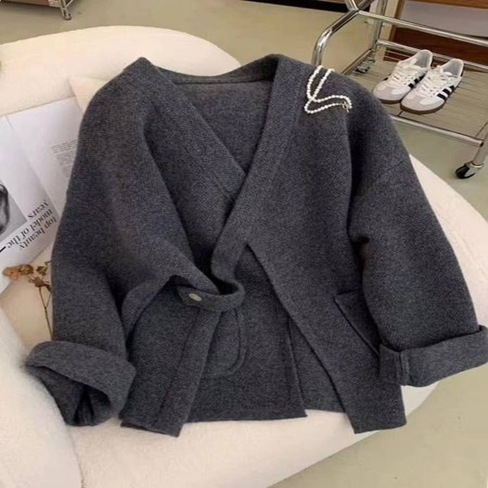 grey vneck diagonal buckle raccoon veet mid lenght sweater for
