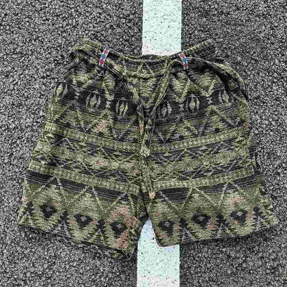Gypsy style knitted shorts mens retro ethnic print knee high five pants hippie pocket shorts straight casual shorts W241226