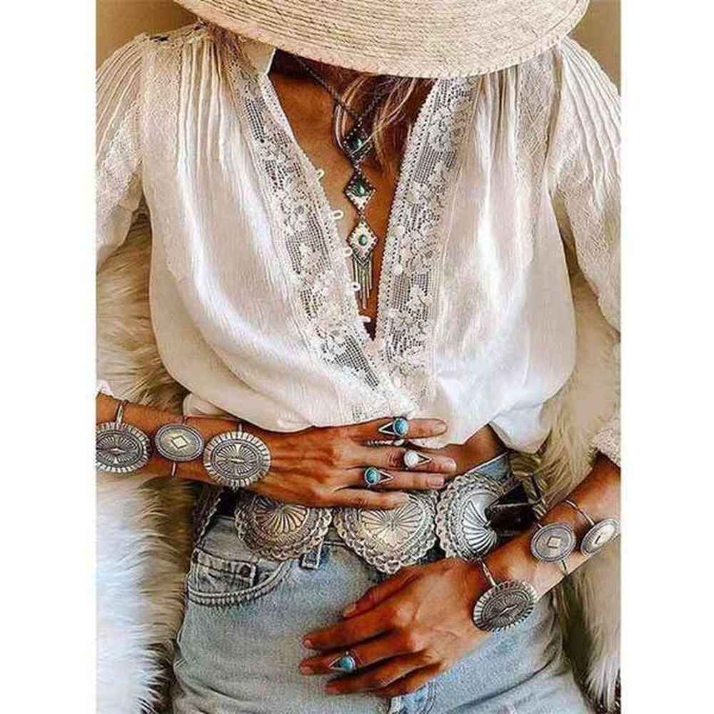 gypsylady white blouse shirt lace inserted chic boho blouse loose
