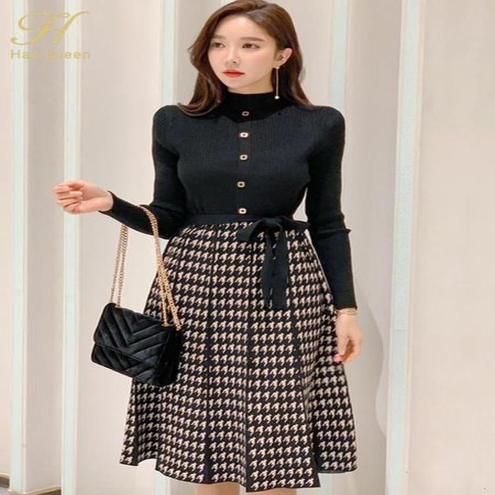 h han queen winter womens retro color blocked houndstooth knitted