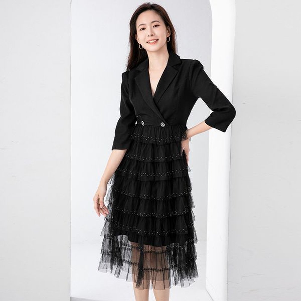 h mature slim dress black mesh cake skirt splicing suit