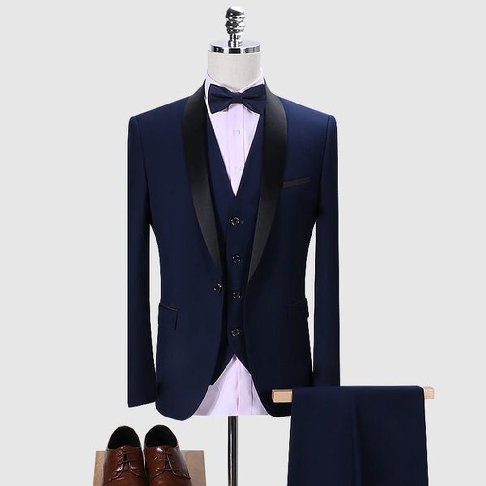 H175 Men's Korean style slim fit blue-gray striped business wedding casual suit