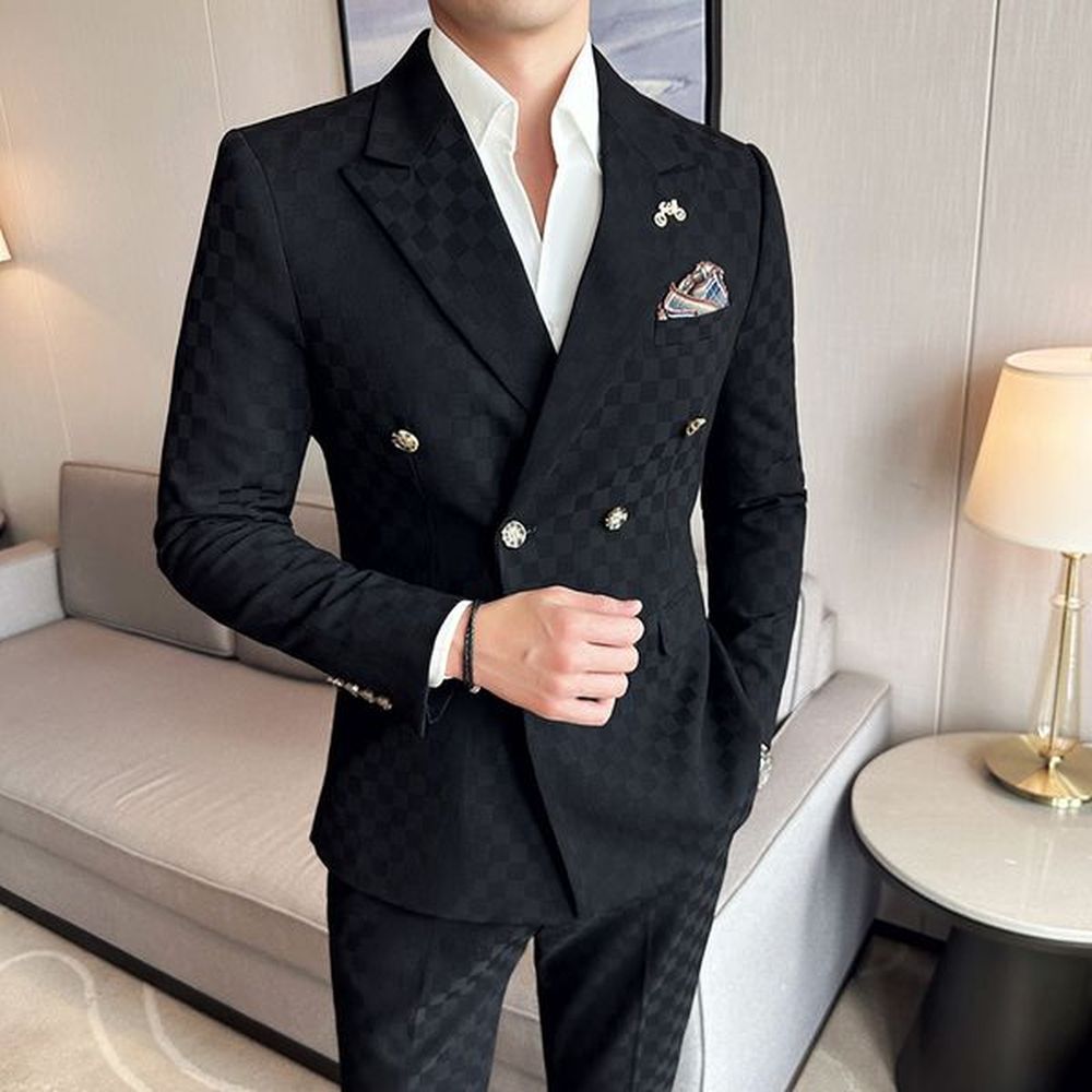 H578 Men's Korean style slim fit stylish plaid double-breasted business suit