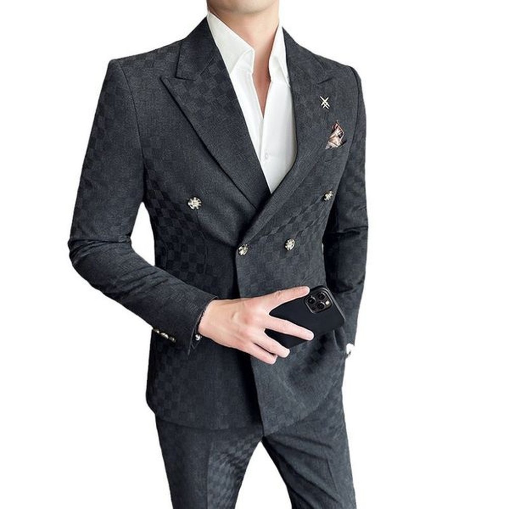 H590 Men's suit Korean style slim fit fashion plaid double-breasted business suit wedding dress