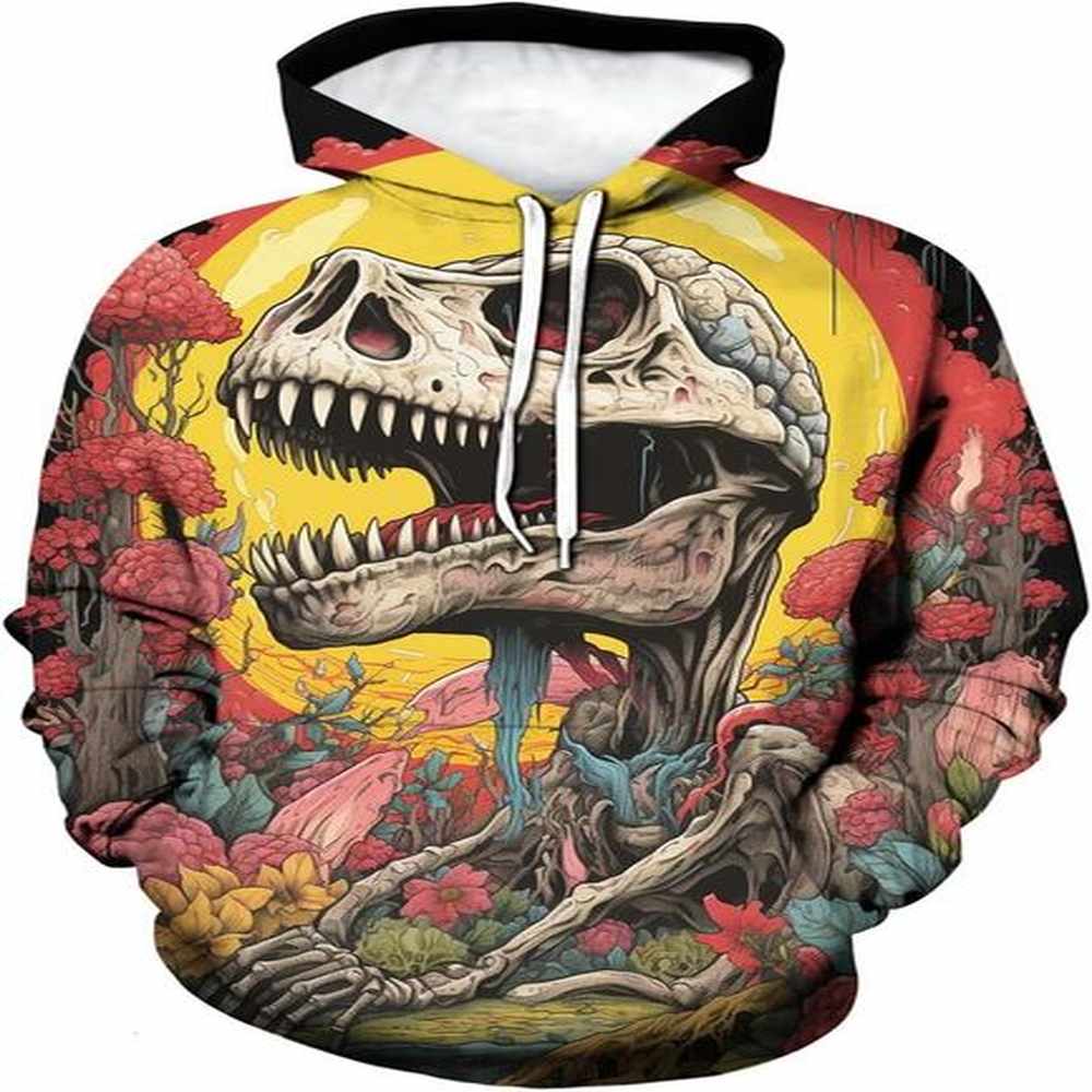 Halloween Hoodie for Mens Novelty Dinosaur Hoodie 3D Skull Pattern Trippy Long Sleeve Sweatshirt Hoodies sweatshirt Pullover Long Sleeve