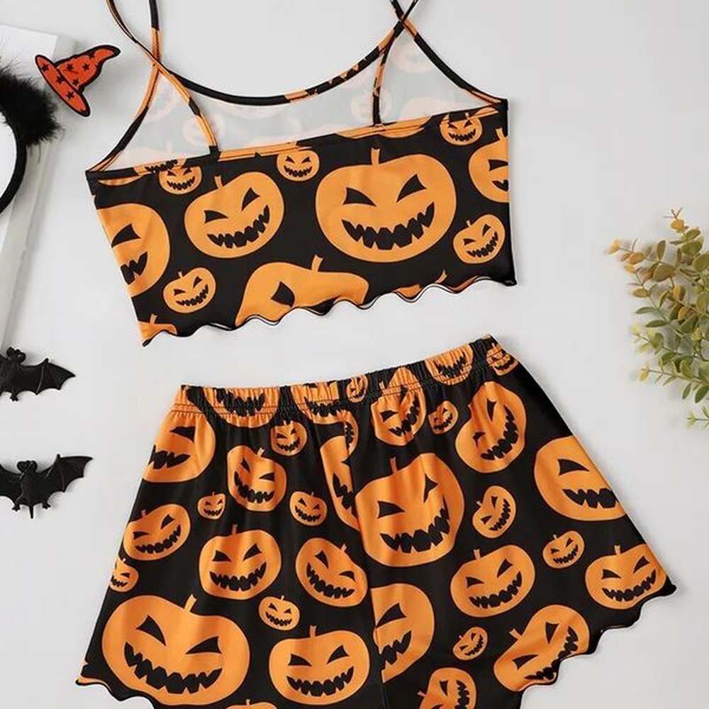 halloween pama set spooky head print round neck camisole top