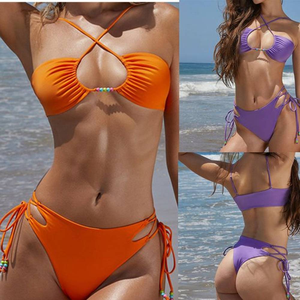 halter bikini sexy swimsuit woman solid bikini set bandage beachwear