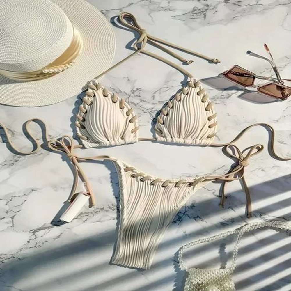halter wrinkled weave bikini women swimwear female swimsuit two