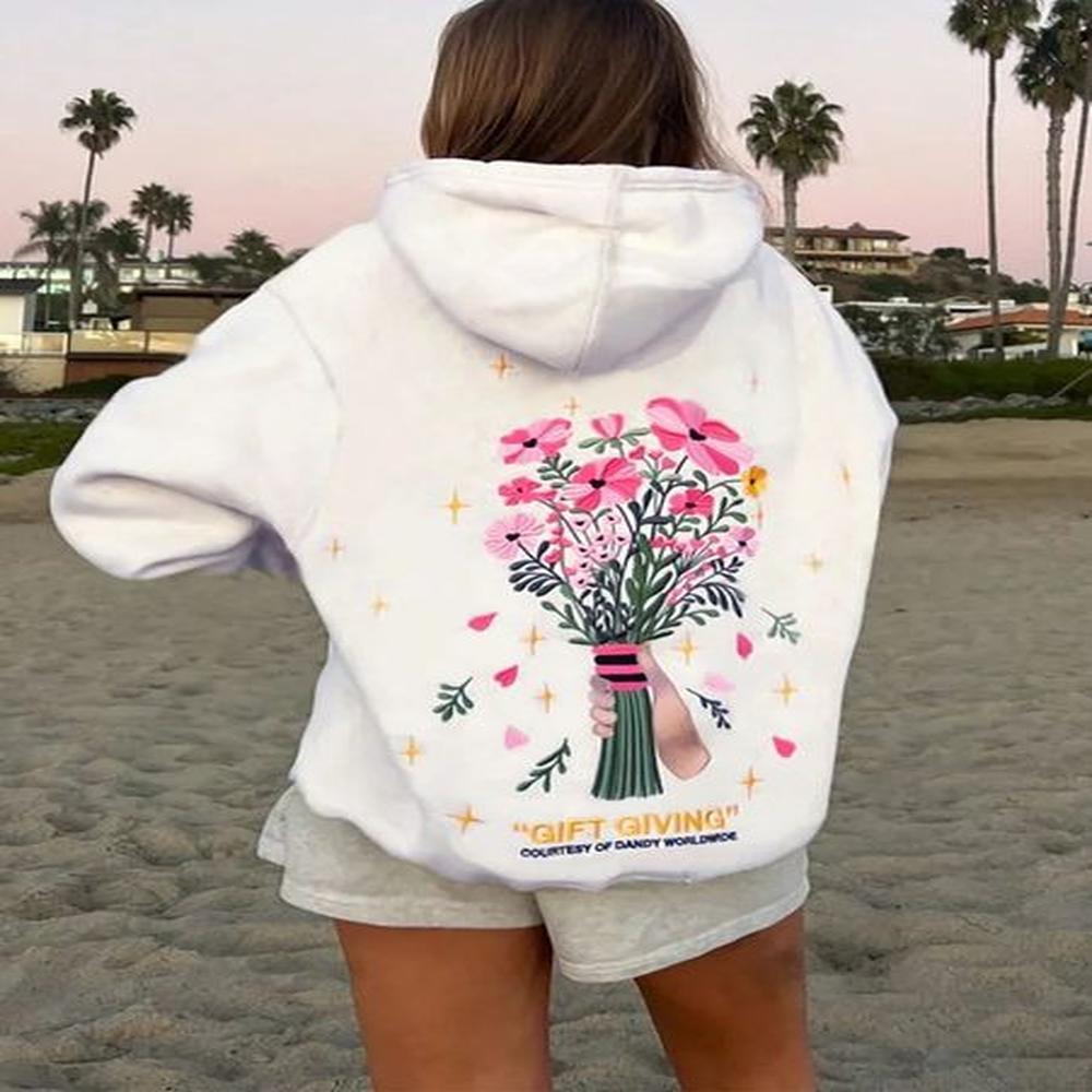 handheld flower back printed hoodie womens autumn and winter fashion
