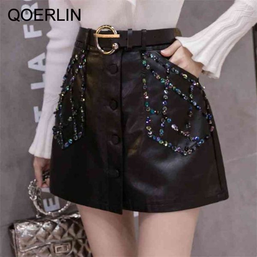 handmade beaded pu leather skirts womens korean style singlebreasted high