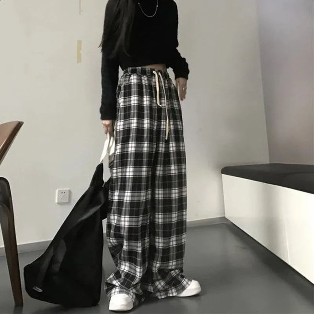 harajuku black and white plaid pants women summer casual wide