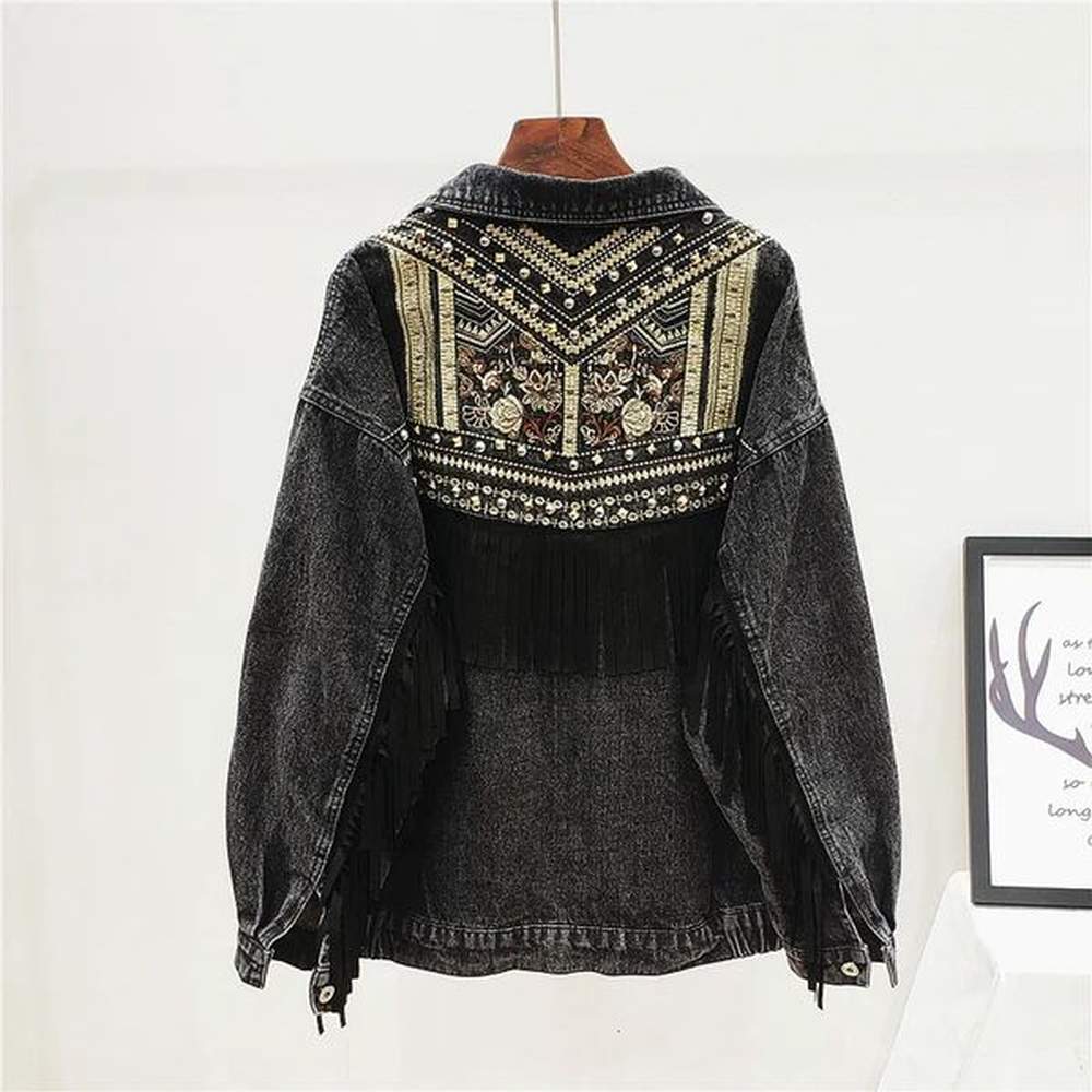 harajuku denim jacket women spring bead flowers tassel streetwear autumn