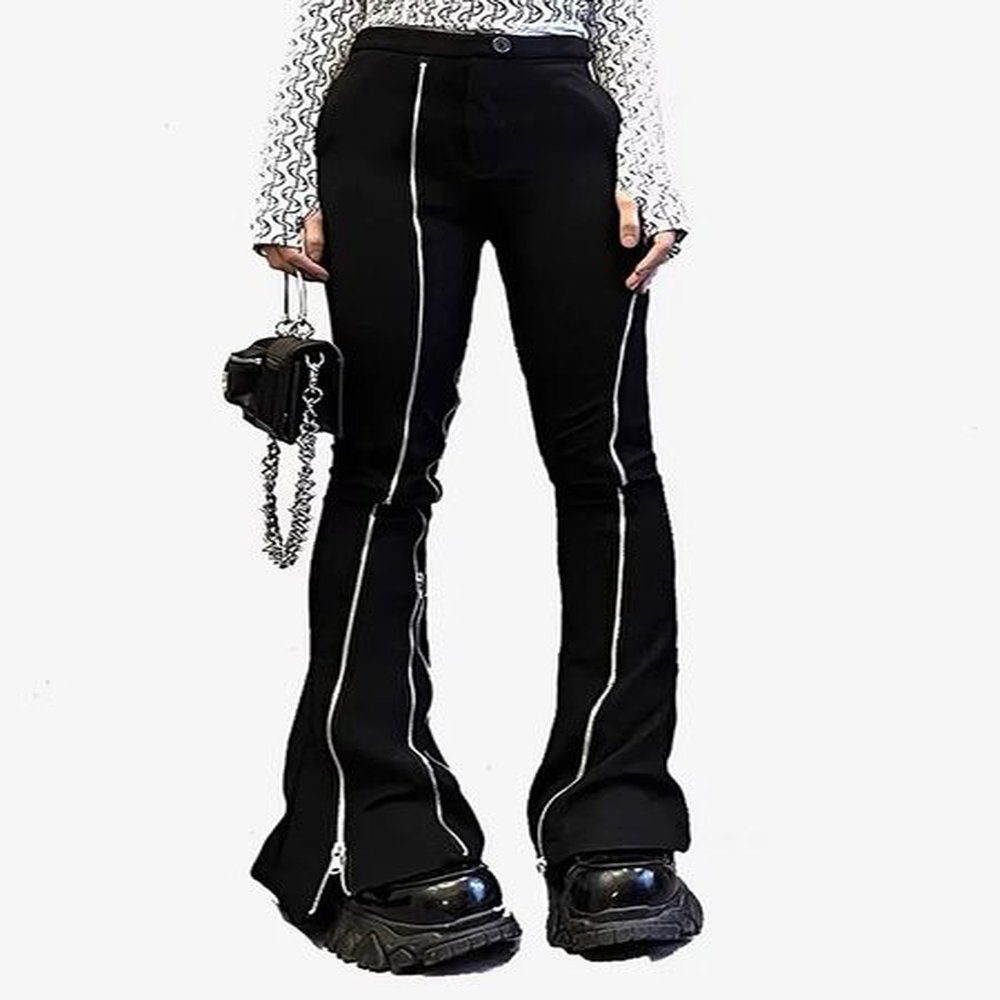 harajuku fashion zipper yk tops black slim flare jeans