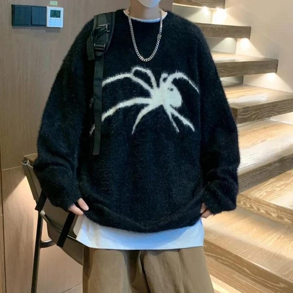 Harajuku High Street Mohair Spider Sweater Mens Fashion Loose Premium Couple Mink Cashmere Sweater 241206