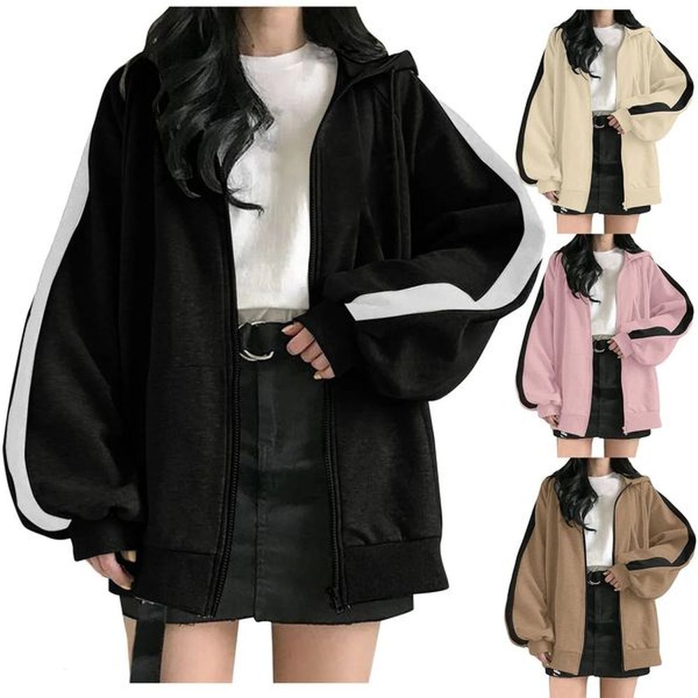 harajuku korean zipper womens hoodie solid loose jacket retro long