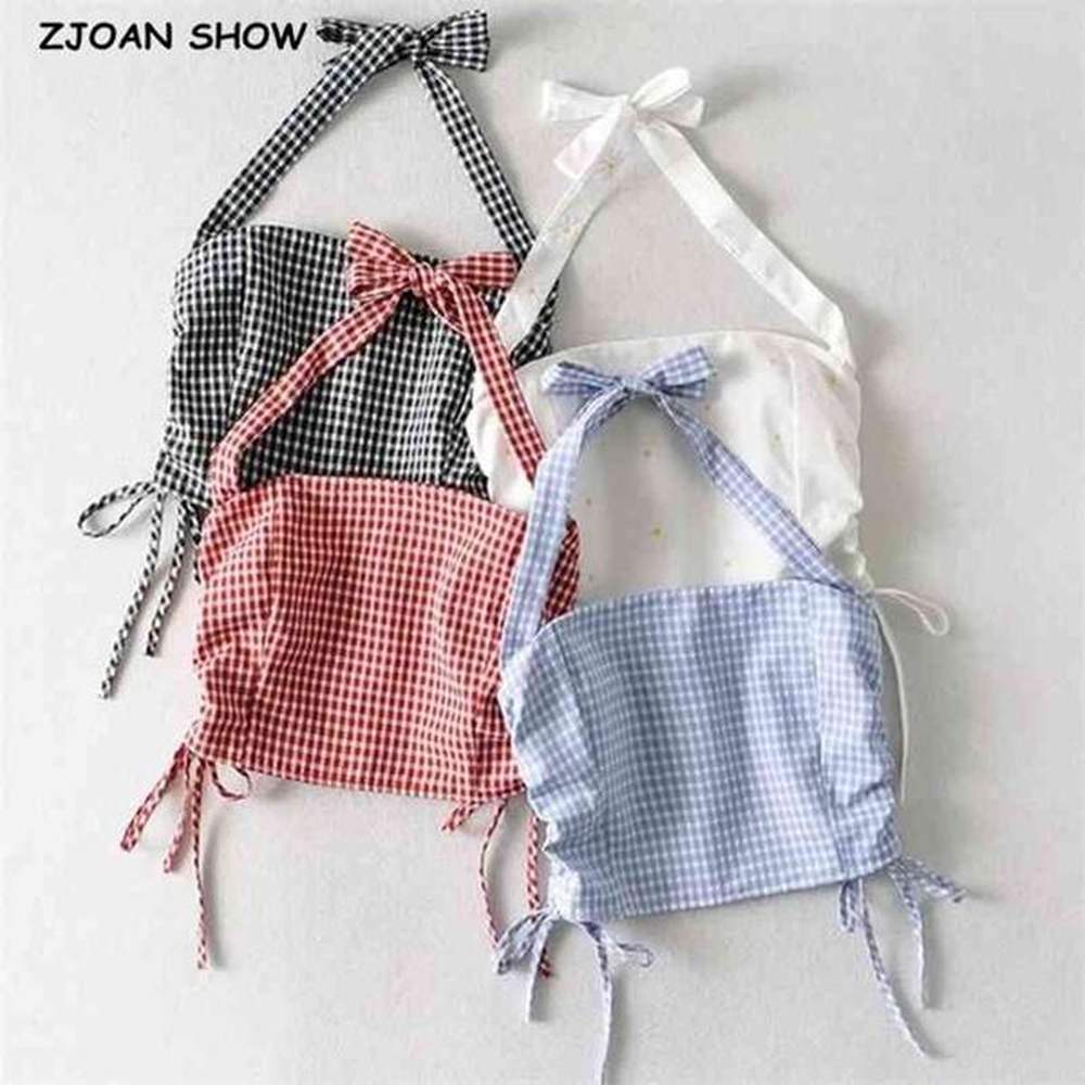 harajuku sexy check plaid crop tops women elastic halter slash